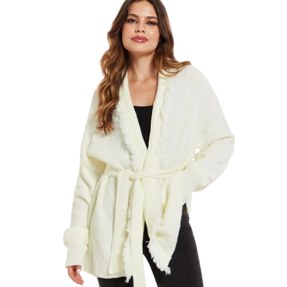 FRYE salted breeze Open Front knit Cardigan Sweater Fringe raw hem Small NEW @E